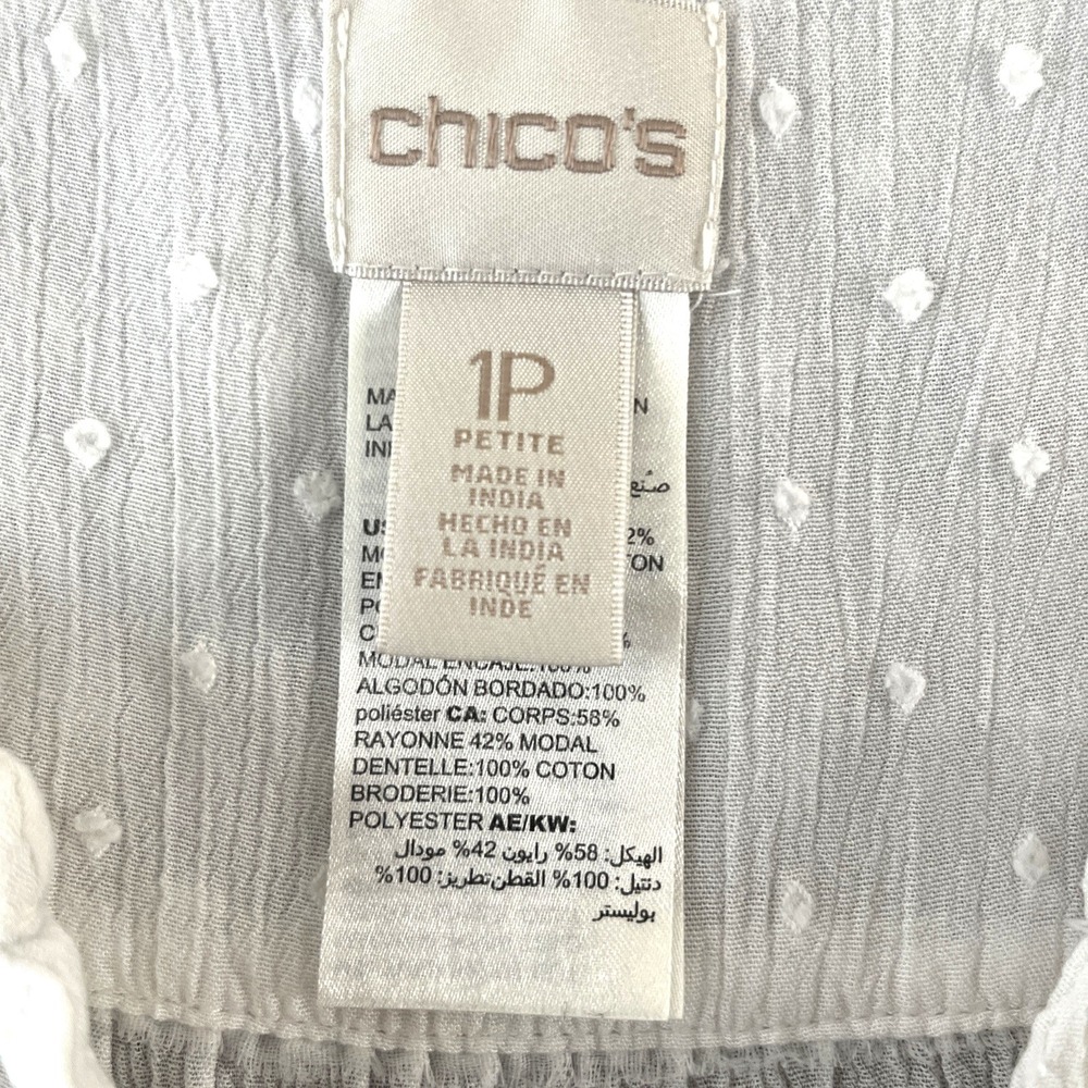 Chico's Women's Lace Trim Blouse 1P/US 8P Ivory Swiss Dot‎ Embroidered Boho-Chic - Picture 3 of 13